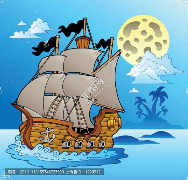 老船在夜晚的海景