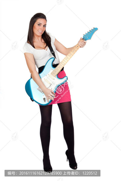 迷人的女孩與藍色電吉他