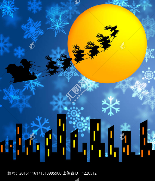 圣誕老人的雪橇和馴鹿飛過城市的上空