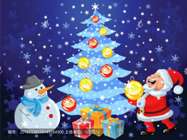 快樂圣誕老人和雪人裝飾圣誕樹
