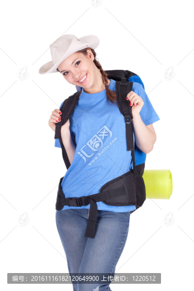 年輕的女游客的背包和carrimat全長(zhǎng)；系列；