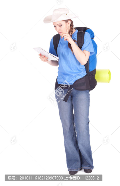 年輕的女游客的背包和carrimat全長(zhǎng)；系列；