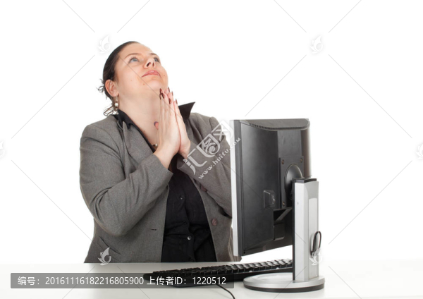 祈禱在灰色西裝電腦胖商人；系列