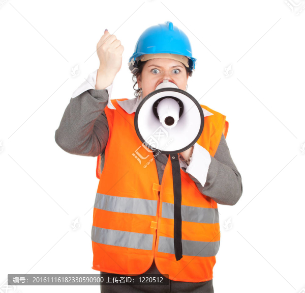 尖叫的胖女建筑師或工程師在橙色的防護(hù)背心和藍(lán)色頭盔系列擴(kuò)音器；