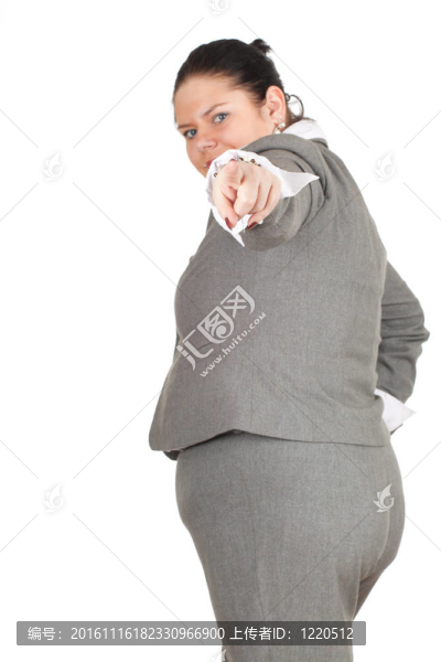 微笑的超重；在灰色西裝的指向你肥胖的商人；系列