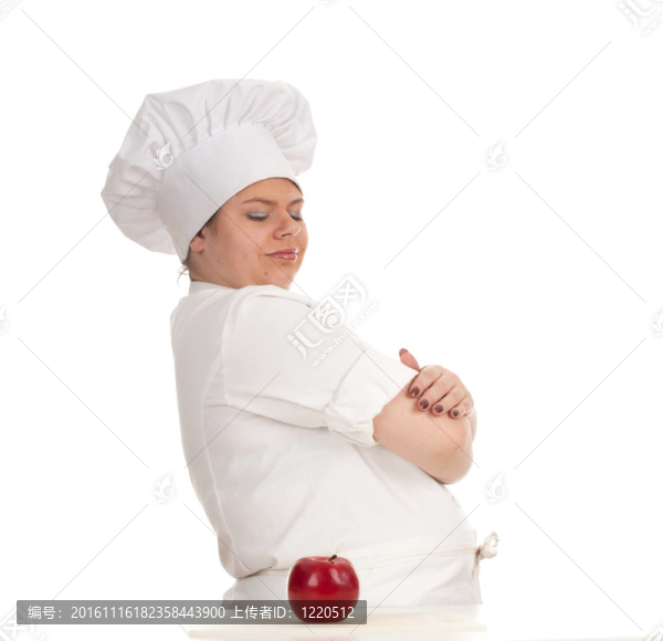 嚴肅胖女廚師白色制服和帽子與紅蘋果；系列