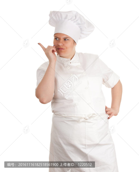指著胖女廚師在白色制服和帽子；系列