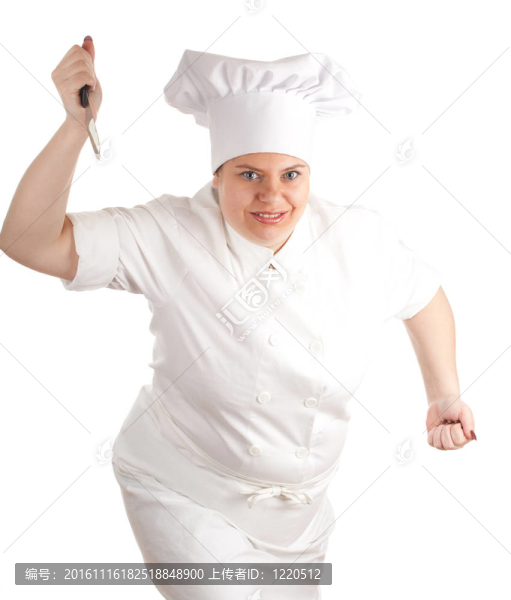 狂怒的胖女廚師在白色制服和帽子保持刀；系列
