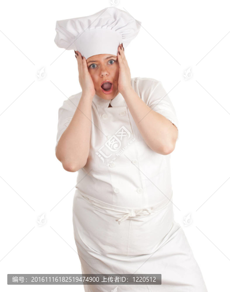 受驚的胖女人用白色制服和帽子做飯；系列