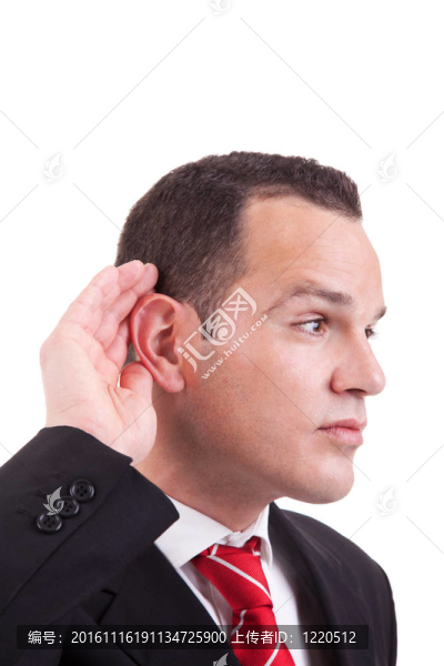 商人；傾聽；觀察耳朵后面的手勢(shì)；在白色背景上孤立