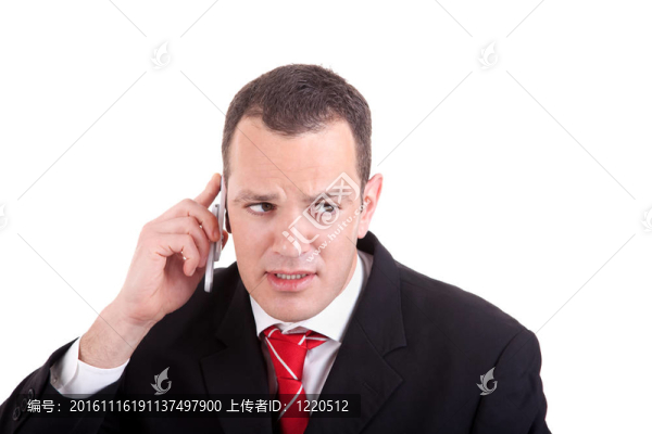 商人在電話；孤立的白色；工作室拍攝