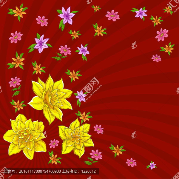 Flowers。水仙在紅色背景；