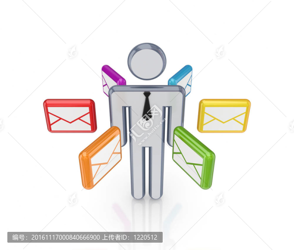 3D小人物周圍的彩色信封。