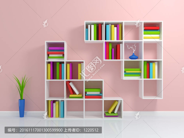 白色書架上有一本彩色的書。