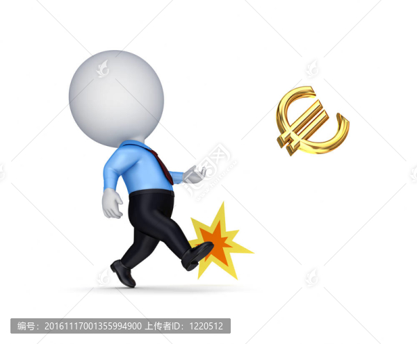 3D小人物踢金色歐元標志。