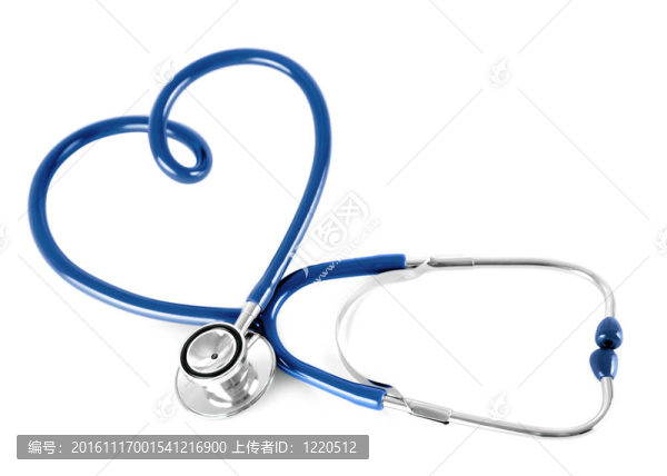 在心的形狀的藍(lán)色聽(tīng)診器；白色隔離