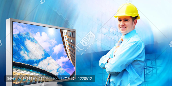 站在建筑物背景上的年輕建筑師戴著防護(hù)頭盔