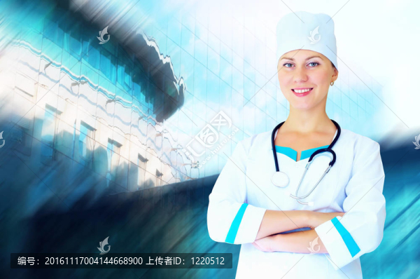 微笑的醫(yī)生在醫(yī)院背景的聽(tīng)診器
