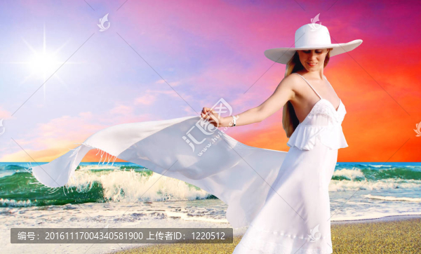 在陽光明媚的熱帶海灘主要在白色的年輕漂亮的女人