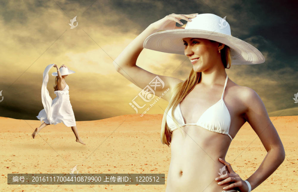 在whitebikini和帽子的年輕漂亮的女人；在陽光明媚的沙漠松弛