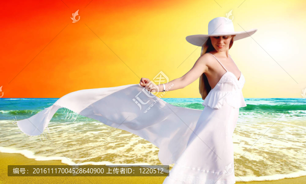 在陽光明媚的熱帶海灘主要在白色的年輕漂亮的女人