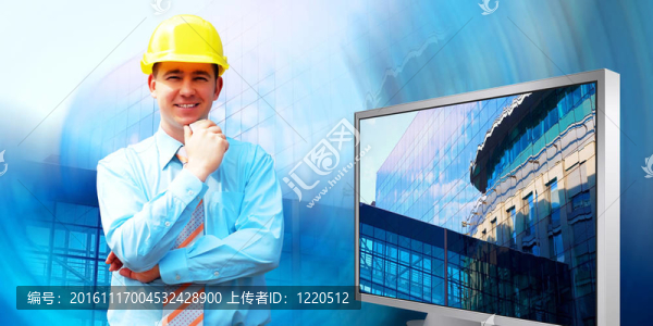 站在建筑物背景上的年輕建筑師戴著防護頭盔