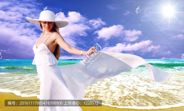 在陽光明媚的熱帶海灘主要在白色的年輕漂亮的女人