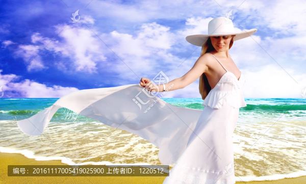 在陽(yáng)光明媚的熱帶海灘主要在白色的年輕漂亮的女人