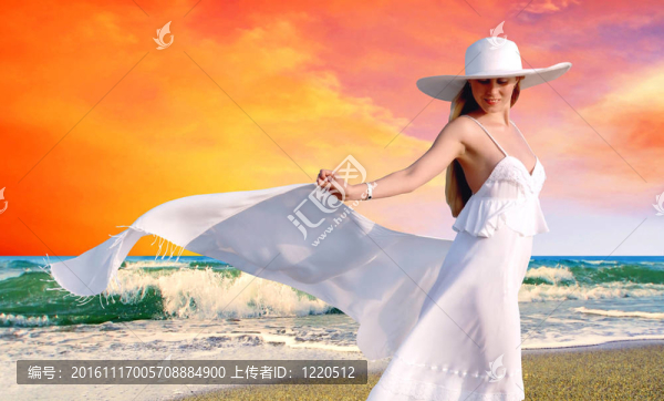在陽光明媚的熱帶海灘主要在白色的年輕漂亮的女人