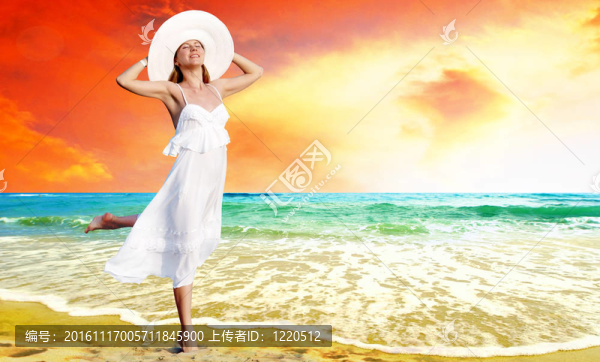 在陽光明媚的熱帶海灘主要在白色的年輕漂亮的女人