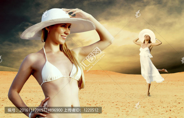 在whitebikini和帽子的年輕漂亮的女人；在陽光明媚的沙漠松弛