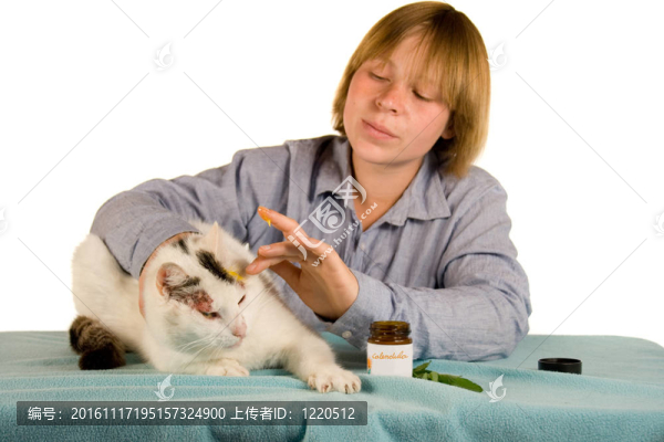 年輕的女人幫助她的貓