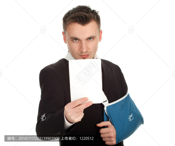 年輕的商人斷手戴臂braceand空白卡；系列