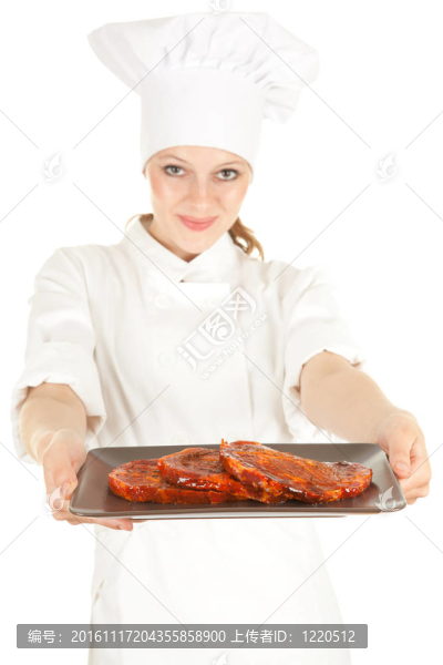 女廚師白色制服和帽子的肉；系列