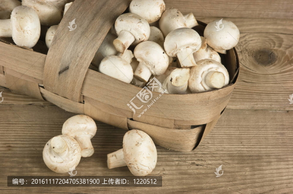 木制背景的蘑菇籃子