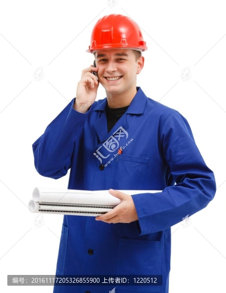 快樂的工程師在電話上交談