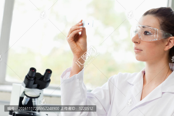 漂亮的理科學(xué)生看顯微鏡幻燈片