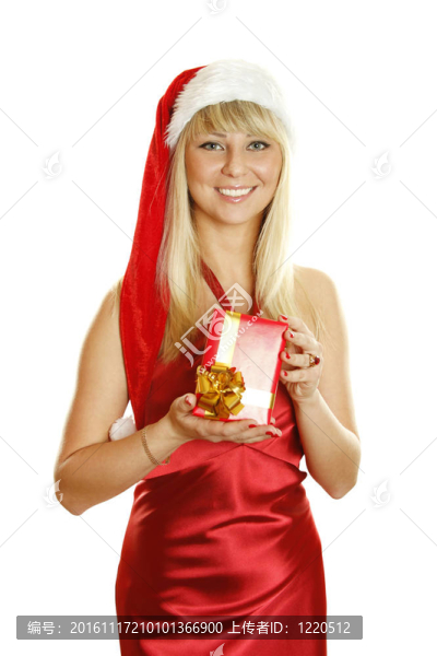 年輕女子打扮成Santa帶著禮物。