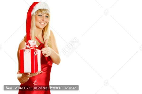 年輕女子打扮成Santa帶著禮物。