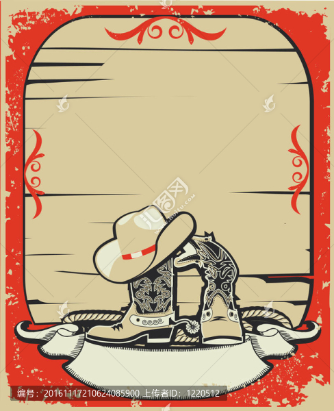 牛仔元素。紅色背景與grunge元素裝飾