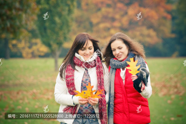 兩個年輕的女人走在秋天的公園