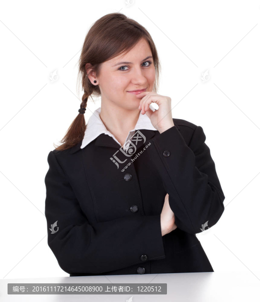 穿黑夾克的年輕女商人微笑；系列