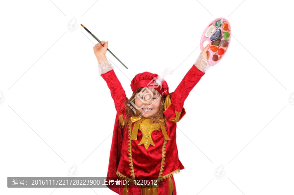 帶著調(diào)色板和畫筆的歷史服裝中的快樂(lè)女孩。白色隔離