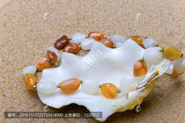 異國情調(diào)的海貝殼與珠躺在沙灘上