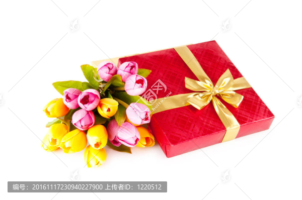 慶祝理念-禮品盒和郁金香花