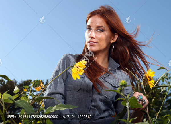 紅頭發(fā)的女人在向日葵的田野里