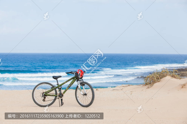 帶頭盔的自行車(chē)；站在海灘上。