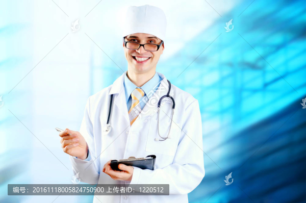 微笑的醫(yī)生在醫(yī)院背景的聽診器