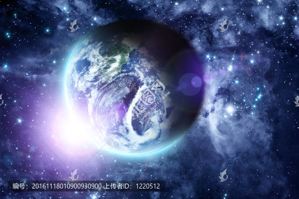 美麗的日出在藍(lán)色星球地球在深空
