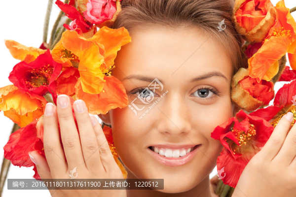 可愛的女人，紅色的花朵